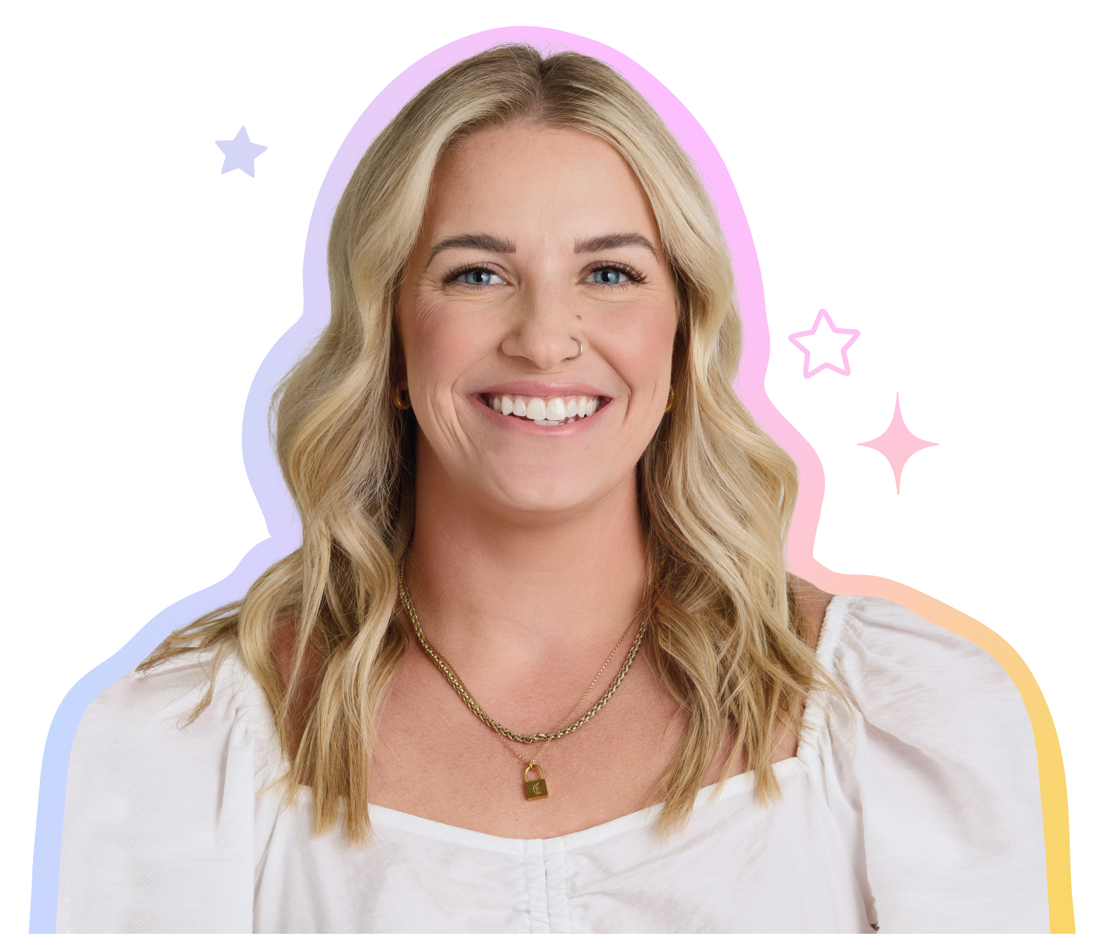 Woman with blonde hair and a white top on a light purple background